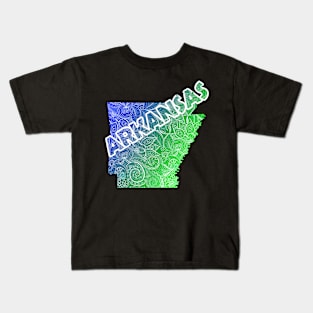Colorful mandala art map of Arkansas with text in blue and green Kids T-Shirt
